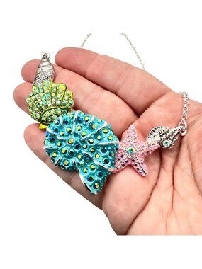 Kirks Folly Womens Necklace Silver Tone Crystal Sea Shells